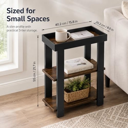 3-Tier Narrow Side Table with Tray Top,Slim Side Table,Rustic Brown | Rustic Farmhouse Narrow End Table with Storage, Modern Slim Table Nightstand for Small Spaces, Bedroom or Living Room - color: Rustic Brown
