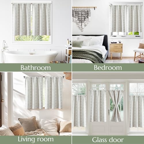 jinchan Boho Blackout Kitchen Tier Curtains, 24 Inch, Green on Beige | Green geometric print on warm beige, soft blackout backing, 2 panels, rod pocket, for kitchens, bedrooms, RVs and campers - color: Blackout Backing | Green on Beige, size: 25"W x 24"L