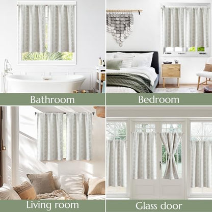 jinchan Boho Blackout Kitchen Tier Curtains, 24 Inch, Green on Beige | Green geometric print on warm beige, soft blackout backing, 2 panels, rod pocket, for kitchens, bedrooms, RVs and campers - color: Blackout Backing | Green on Beige, size: 25"W x 24"L