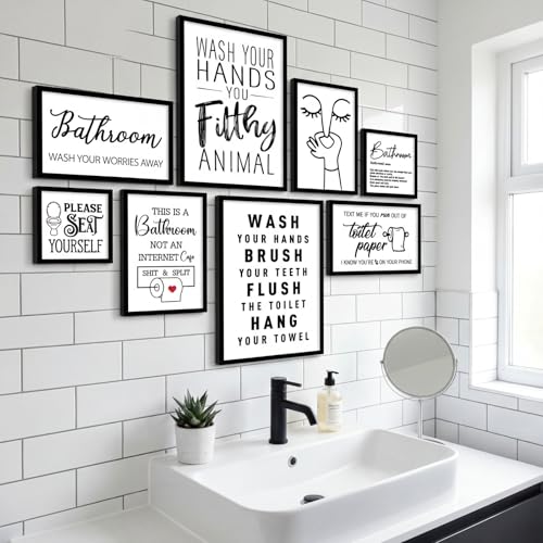 Faccito 8 Set Bathroom Wall Decor Funny Blacl and White Quotes Bathroom Wall Art Interesting Bad Smell Humorous Toilet Wooden Decoration Fun Wallart Signs Toilet Decor for Washroom - style: Interesting