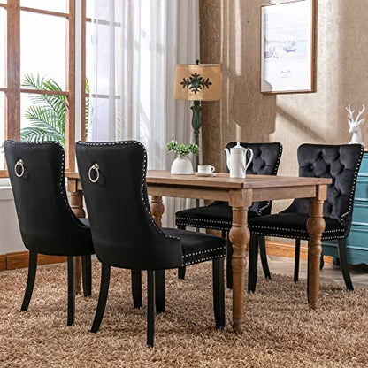 Black Velvet Dining Chairs Set of 8, Tufted Kitchen & Dining Room Chairs | Eight Fabric Tufted Dinning Chairs, Velvet Upholstered, Wing Back, Metal Pull Ring, Wood Frame, Mid Century Modern - color: B-1 Black Velvet, Wood Legs, size: 8