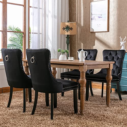 Black Velvet Dining Chairs Set of 6, Tufted Kitchen & Dining Room Chairs | Six Fabric Tufted Dinning Chairs, Velvet Upholstered, Wing Back, Metal Pull Ring, Wood Frame, Mid Century Modern - color: B-1 Black Velvet, Wood Legs, size: 6