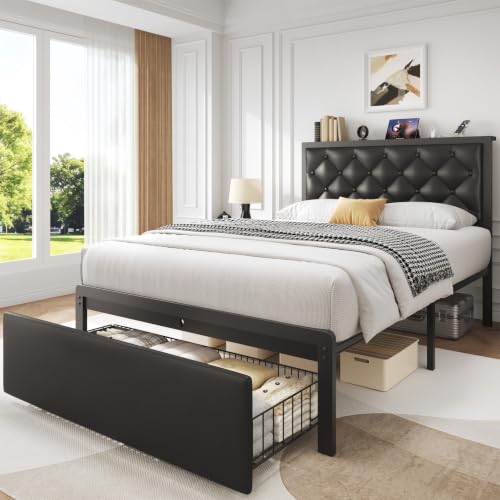 PHGLL Twin Bed Frame with Upholstered Headboard and 1 Storage Drawer, Platform Bed Frame with Charging Station, All Metal Structure, Noise Free, No Box Spring Needed, Black - color: Black, size: Twin