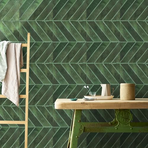 STICKGOO Herringbone Peel and Stick Backsplash, Green, 10 Sheets | 12.6 x 9.7 in, Thicker Rectangular Vinyl Stick-On Wall Tiles, Easy Alignment, Waterproof, Easy to Clean, Kitchen/Bathroom - color: Green, size: Pack of 10