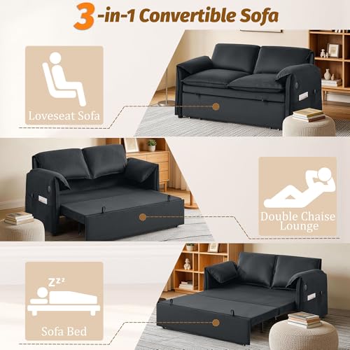 63" 3-in-1 Velvet Convertible Sleeper Sofa Bed, Modern Adjustable Backrest Loveseat Pull Out Couch with USB & Side Pocket, Small Space Love Seat Sofa Bed for Living Room, Bedroom, Dark Grey Velvet - color: Dark Grey