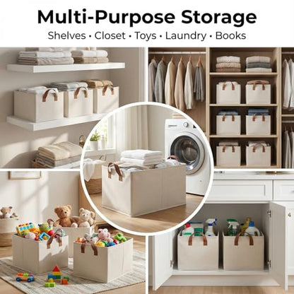 3 Pack Storage Bins Fabric Collapsible Organizers with Handles Sturdy Canvas with PP Board Beige Foldable Storage Box for Closet Shelves, Books, Toys, Clothes, Office Organization