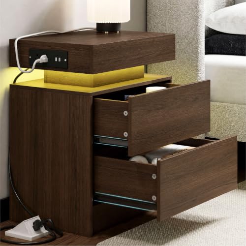 LIKIMIO Nightstand with Charging Station LED Light and 2 Drawers,Walnut | charging station; LED light; 2 smooth glide drawers; Walnut wood grain - color: Walnut