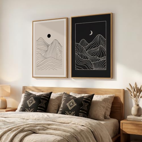 Large Framed Black and Beige Neutral Abstract Wall Art for Living Room, Set of 2 Modern Canvas Prints Paintings Artwork for Walls, Mountain and Moon Pictures for Bedroom Hallway Wall Decor 24x36 In - color: Black Beige Mountain, size: 24" W x 36" H x 2Pcs