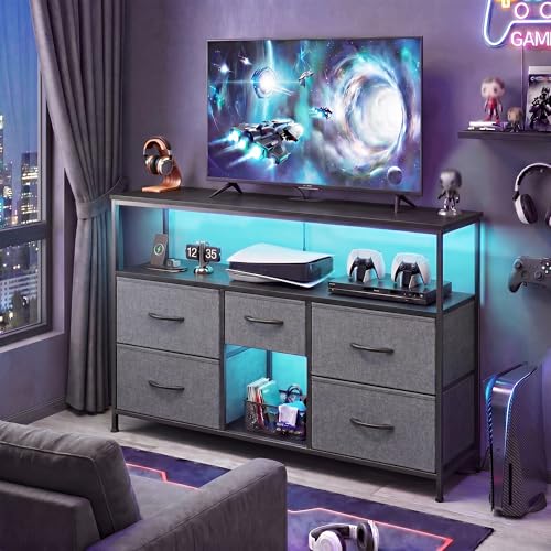 Romorgniz TV Stand for 45/50" TVs, 5 Drawers & LED Lights & Power Outlets | Strong Metal Frame for Stability, Spacious Shelves Display Collections & Keep Organized, Dresser for Bedroom & Studio, Grey - color: Grey