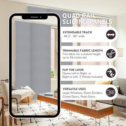 CHICOLOGY Panel Track Blinds, Jersey Grey, 86"x96", Cordless, Divider | 4 Fabric Panels, Fits 46–86″ Wide, Wall/Ceiling Mount, Room Divider Ready, Height Trimmable, Child & Pet Safe - color: Skyrise Grey