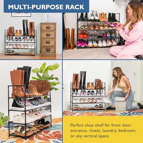 Sundaze Shoe Rack - 4 Tier Shoe Rack for Front Door Entrance, Sturdy Long Shoe Organizer for Closet, Bedroom, Entryway, Garage, Non Woven Fabric Shelf, Black, Holds Up to 20 Pairs - size: 4 Tier (34.3" W)