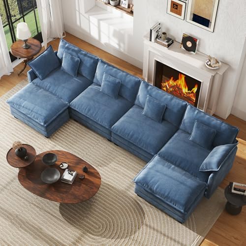 146" Oversized Modular Sectional Sofa, U Shaped Cloud Couch Set, 4-Seater Comfy Chenille Couches with 2 Movable Ottomans, DIY Combination for Living Room (Blue) - color: Blue, size: 146" U Sofa