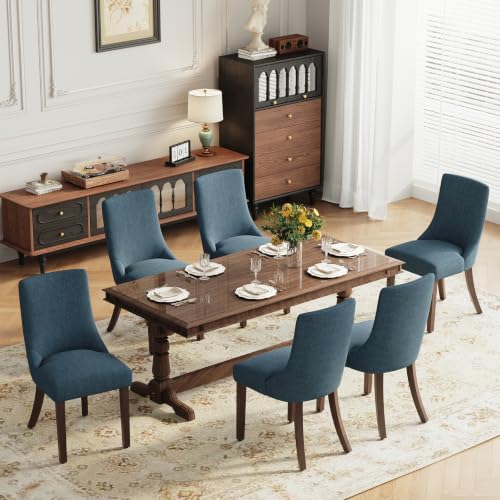 MALOL Wooden Dining Chairs Set of 6, Upholstered Kitchen & Dining Room Chairs with Solid Wood Legs Curved Backrest Farmhouse Accent Chair for Dining/Kitchen/Living Room, Blue - color: Blue, size: Set of 6