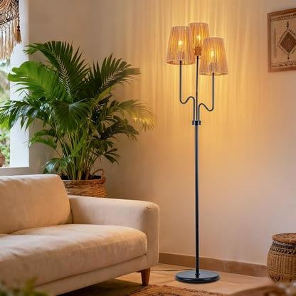 MAYNA 3-Light Black Boho Floor Lamp with Handwoven Rattan Shades | Adjustable Swiveling Arms, Foot Switch Standinmg Floor Lamp for Living Room & Bedroom, 3 LED Bulbs Included - color: Black 3 Lights