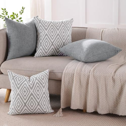 HPUK Throw Pillow Covers 18x18, Set of 4, Grey Textured Couch Pillow Covers | Polyester fabric, patterned and solid designs, hidden zippers, machine washable, for sofas and beds, inserts not included - color: Grey, size: 18" x 18" (Pack of 4)