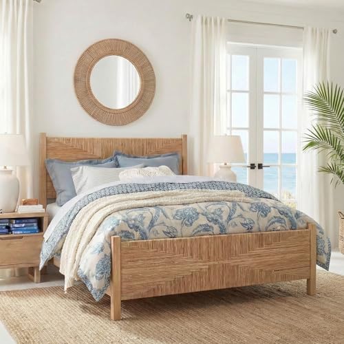 Brafab King Size Rattan Bed Frame, Boho Bed Frame with Hand Woven Wicker Headboard & Footboard, Mid-Century Solid Wood Posts and Feet, Metal Slat, No Box Spring Needed, Natural Oak - size: King (U.S. Standard)