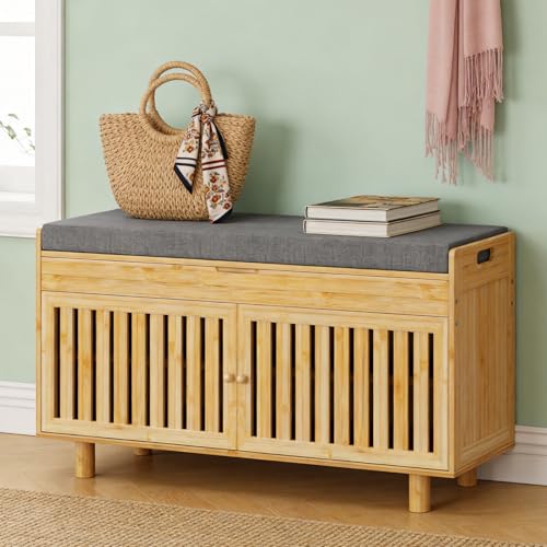 Bamboo 35.4'' Shoe Storage Bench, 2-Tier Shoes Rack Cabinet for Entryway | Narrow Shoes Bench with Lift Top Hidden Storage & Padded Seat & 2 Doors for Hallway, Mudroom, Living Room, Bedroom, Natural - color: Natural