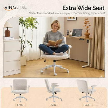 VINGLI Criss Cross Chair with Adjustable Flip-Up Arms,Cross Legged Chair with Wheels,Extra Wide Office Chair,Desk Chair for Home Office,Vanity,Bedroom, Apartment,Starry Chenille,White - color: White