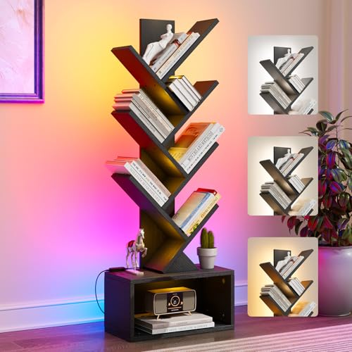 Evermagin 6 Tier Tree Bookshelf with Lights, LED Book Tree Bookcase | Black with Storage Organizer, Small Corner Bookshelf Floor Standing Book Shelf for Living Room, Bedroom & Home Office - color: Black