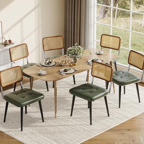 Garvee Rattan Dining Chairs Set of 6, Upholstered Dining Room Chairs with Rattan Backrest, Armless Side Chairs for Kitchen Living Room, Restaurant, PU Leather, Dark Green | Upholstered Kitchen Chairs with Rattan Backrest, Armless Side Chairs for Kitchen,
