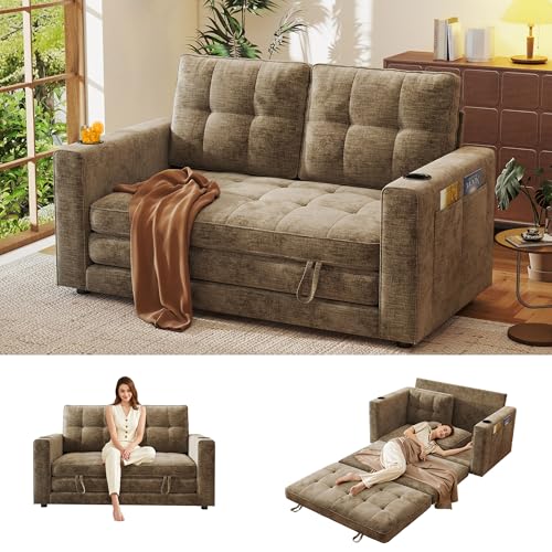 55" Convertible Folding Sofa Bed, Pull Out Couch Love Seat Sleeper Bed, Small Fold Out Loveseat sleeper with Cup Holder and Pillow for Small Space, Bedroom Lounge, Dorm, Living Room(Brown Chenille) - color: Brown