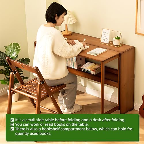 Bamboo Folding Desk, Mid Century Modern Sturdy & Space-Saving Hideaway Desk for Home Office Bedroom Small Spaces, Fold Out Desk with Storage Ergonomic Height Murphy Desk (Walnut) - color: Walnut
