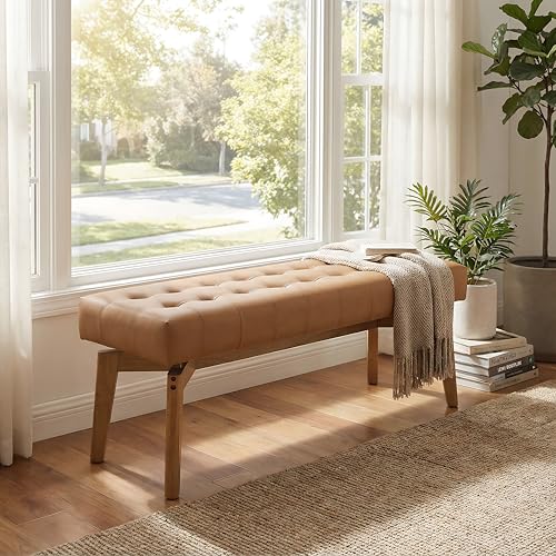 HNY Brown PU Leather Upholstered Bench,45.5 Wood Window Bench | Entryway Bench Storage Bench Bedroom Bench Modern Tufted Floating Design Seat for Living Room Indoor Hallway - color: Brown Pu