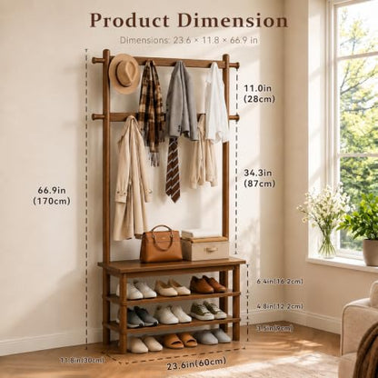 Hall Tree Bench Shoe Storage Organizer 11 Hooks, Mudroom hallway entryway, Freestanding durable construction, Family daily use, Space saving - size: 27.2" Long