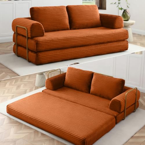 HANXIN 80 Inch Convertible Sleeper Sofa Bed, High Back Plush Corduroy Folding Floor Mattress Couch with Fixed-Shape Frame, Boneless Futon Loveseat with Pull Out Bed, No Assembly Required (Orange) - color: Orange, size: 80" Loveseat Sofa Bed