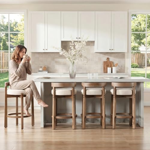 HEAH-YO Bar Stools Set of 4, 26" Linen Fabric Upholstered Counter Height Bar Stools, Modern Barstools Counter Stools with Wood Legs for Kitchen Island Dining Room Bar, Beige - color: 26.5" Beige Linen, size: Counter Height - Set of 4
