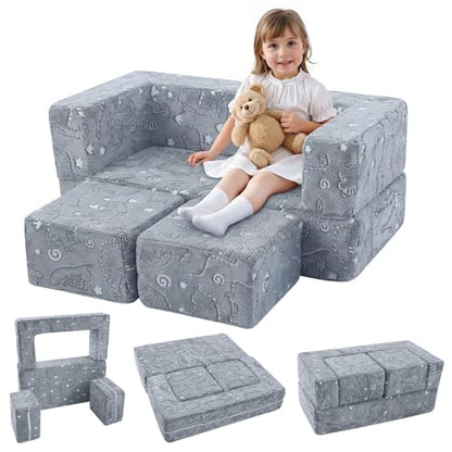 MeMoreCool Glow Dinosaur Kids Couch, Gray Modular Fold Out Play Couch | Glow Dino Foam Kids Sofa Set, Machine-Washable Cover - color: Grey Dinosaur