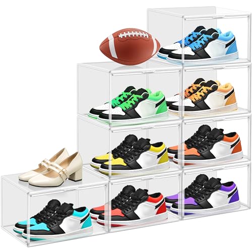5 Pack Clear Plastic Shoe Boxes with Acrylic Magnetic Door, Size 12 | Stackable Shoe Storage Organizer for Closet, Fit Size 12 Everyday Casual Shoes, Sneakers