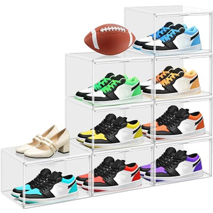 5 Pack Clear Plastic Shoe Boxes with Acrylic Magnetic Door, Size 12 | Stackable Shoe Storage Organizer for Closet, Fit Size 12 Everyday Casual Shoes, Sneakers