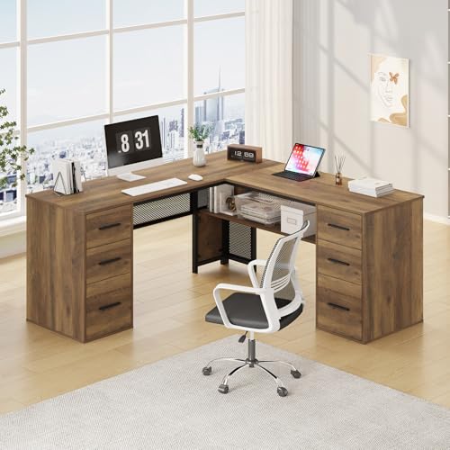HSH L Shaped Desk with Drawers, 59 Inch Rustic Oak Corner Desk with Storage | Large Home Office Corner Computer Desks with Storage File Cabinet, Modern Metal Wood Desks for Executive Writing Workstation - color: Rustic Oak