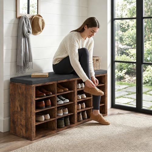 Shoe Storage Bench with Cushion Shoe Rack for Entryway 16 Cubby Multifunctional Organizer Bench Entryway with Soft Sponge Cushion for Hallway Living Room Bedroom (Rustic Brown & Dark Gray) - color: Rustic Brown & Dark Gray