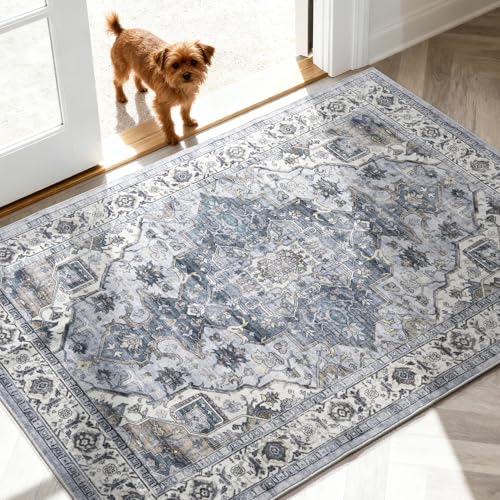 COHOME Vintage Blue 2x3 Washable Entry Rug, Non-Slip TPE Low Pile for Kitchen Bathroom Door Mat, Stain & Pet Resistant, Farmhouse Floral Decor (2x3 Blue) - color: Blue, size: 2" x 3" (Rectangular)