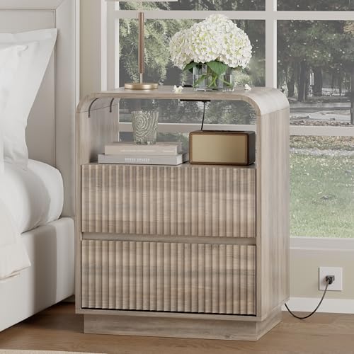 Grey Nightstand with Charging Station, Mid Century Modern Bedside Table & End Table, Fluted Wood Small Night Stand with 2 Hidden Drawers and Storage Shelf for Bedroom, Gray - color: Grey, style: 2 Drawers