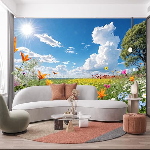 Custom Size Wall Murals, Natural Scenery & Colorful Flowers, Self-Adhesive Removable Fabric (NO PVC) Wallpaper for Living Room & Bedroom & Office