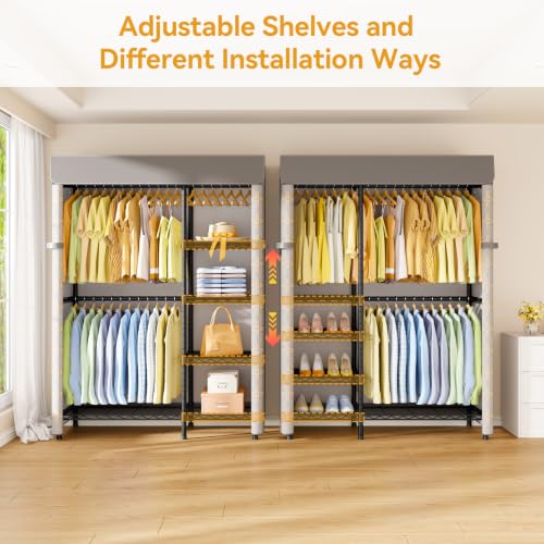 F2C Clothes Rack with Cover, Brand Custom Dustproof Pattern Cover | Heavy-Duty Clothing System with Cover, Garment Rack with Shelves and Hanger Rods, 47.2"W x 16.5"D x 78.3"H, Holds 630 lbs - color: Black Closet with Pattern Cover
