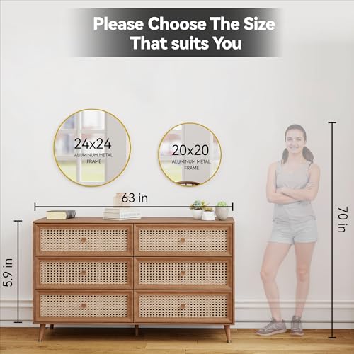 SCWF-GZ 24" Round Mirror Circle Wall Mounted Hanging or Against Wall Metal Frame Dressing Make-up Mirrors for Entryway Bedroom Bathroom Living Room 24 inch Gold | HD Crystal Clear No distortion Tempered Glass,Aluminum Frame,Make-Up Mirrors for Bedroom,Ent