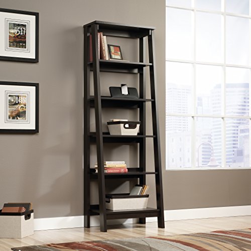 Sauder Ladder Bookshelf 5 Tier Trestle Ladder Shelf Wooden Bookcase, in Jamocha Wood - color: Chalked Chestnut