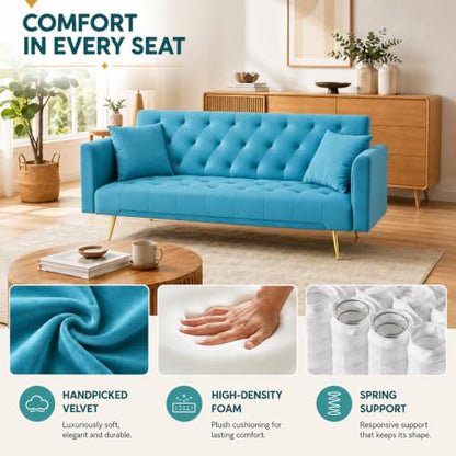Anwick 72''Modern Velvet Sofa Bed Futon,Convertible Folding Sleeper Couches with 3 Adjustable Backrests,Tufted Recliner Loveseat with Golden Chrome Legs for Living Room Apartment Office (Pale Blue) - color: Pale Blue