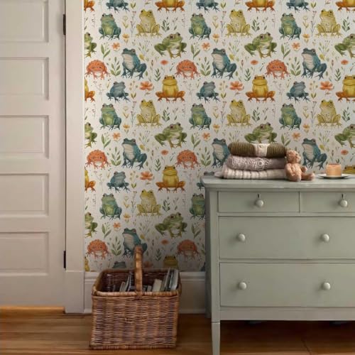 17.7"x118" Boho Cartoon Frogs Peel and Stick Self Adhesive Wallpaper Removable Contact Paper Stick on Easy Peel Off Wall Paper for Kitchen Bedroom Bathroom Renter - size: 17.7" x 118"