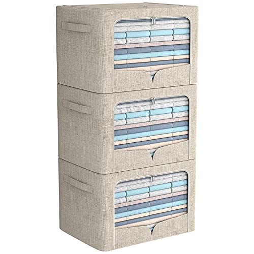 FHSQX 3 Pack Clothes Storage Bins - Foldable Metal Frame Storage Box - Stackable Linen Fabric Container Organizer Set with Carrying Handles and Clear Window (Beige, 15.7x11.8x7.8inch(22L)) - color: Beige, size: 15.7x11.8x7.8inch(22L)