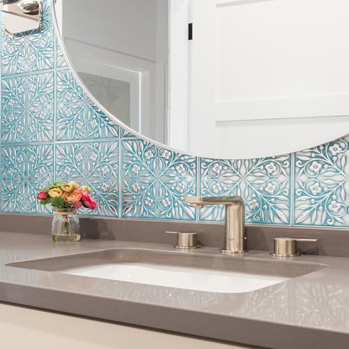 Peel and Stick Metal Tiles, Teal & Silver Leaves, 10-Pack | 8 x 8 in tile size; Covers up to 4.44 sq ft; Aluminum; Water-resistant surface; For kitchens, ceilings, DIY projects - style: Teal and Silver Leaves