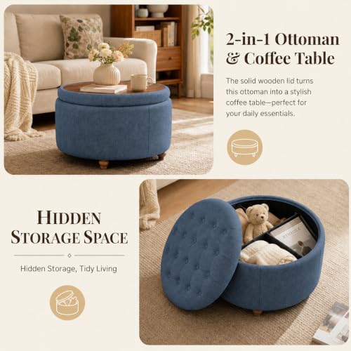 25" Round Ottoman with Storage, Small Coffee Table with Reversible Tray Lid | Tufted Fabric Round Storage Ottoman with Solid Wood Legs, 3-in-1 Footrest for Living Room, Bedroom, Entryway, Blue - color: Blue