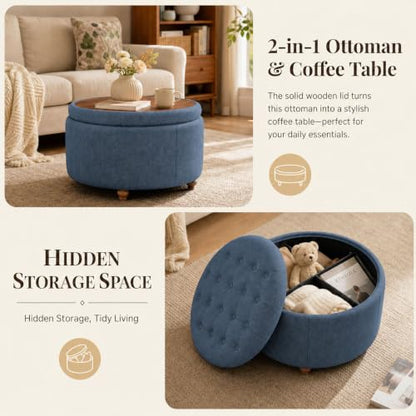 25" Round Ottoman with Storage, Small Coffee Table with Reversible Tray Lid | Tufted Fabric Round Storage Ottoman with Solid Wood Legs, 3-in-1 Footrest for Living Room, Bedroom, Entryway, Blue - color: Blue