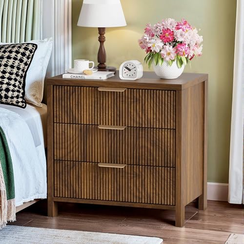 Fluted Nightstand, 23.7'' Wide Night Stand with 3 Drawers, Mid-Century Modern Bedside Table with Handles, Wood End Table for Bedroom, Walnut - color: Walnut