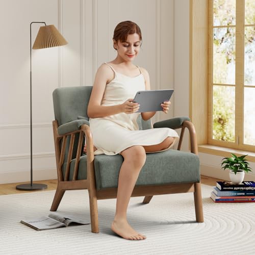 IOMOR Mid Century Modern Accent Chair with Solid Wood Frame, Upholstered Living Room Chairs with Lumbar Cushion Padded Arms, Reading Armchair for Bedroom (1, Olive Green) - color: Olive Green