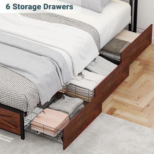 Zevemomo Full LED Bed Frame with 6 Storage Drawers, Farmhouse Headboard w/Charging Ports Station, Full-Size Platform Bed Frame No Box Spring Needed, Metal Structure & Wood Boards, Rustic Bed Frames